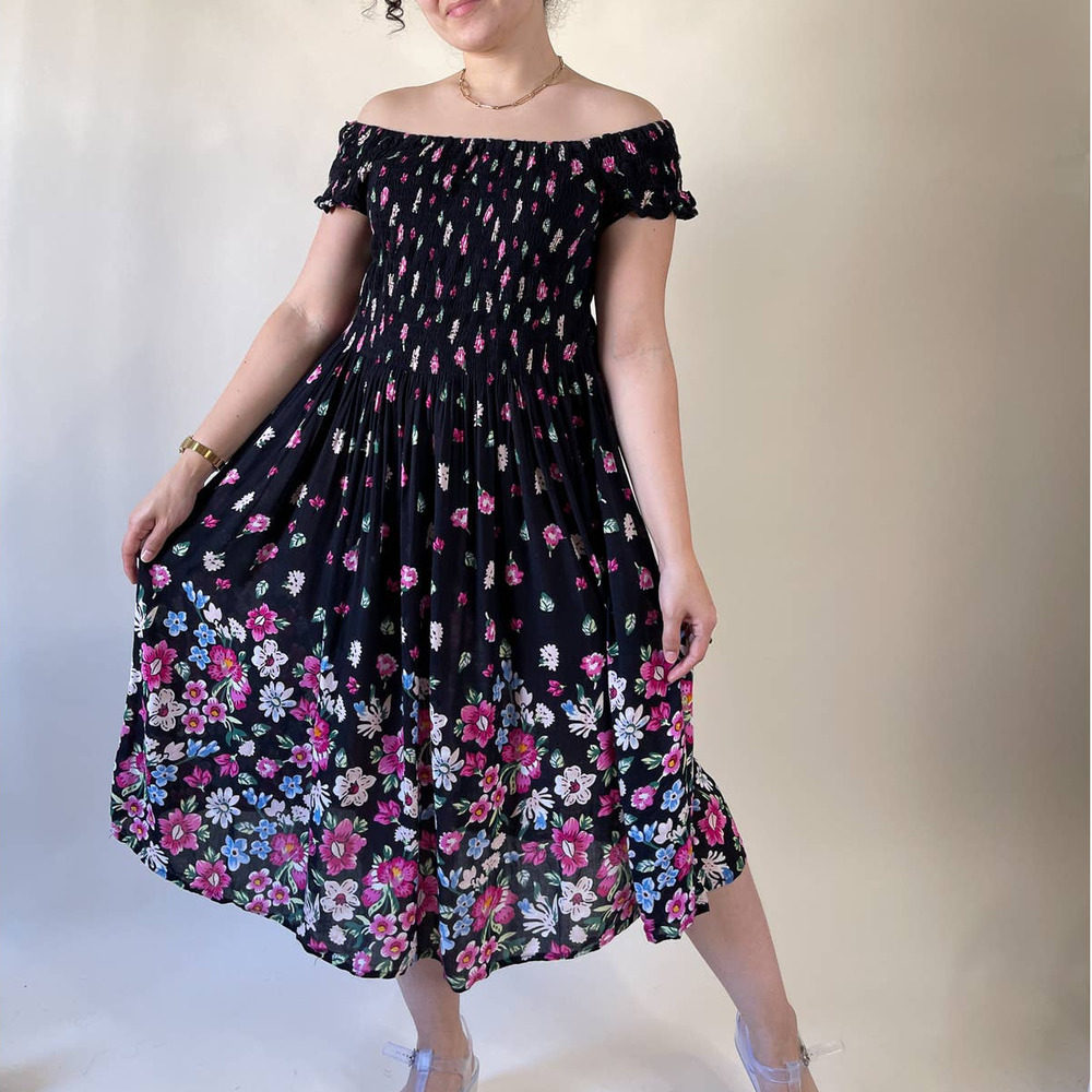 90s Vintage Black Gathered Off The Shoulder Floral Midi Dress Size S-M - Picture 2 of 5
